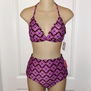 Kate Spade Floral Scalloped Triangle Top & High Waist Bottom Bikini Set NWT S